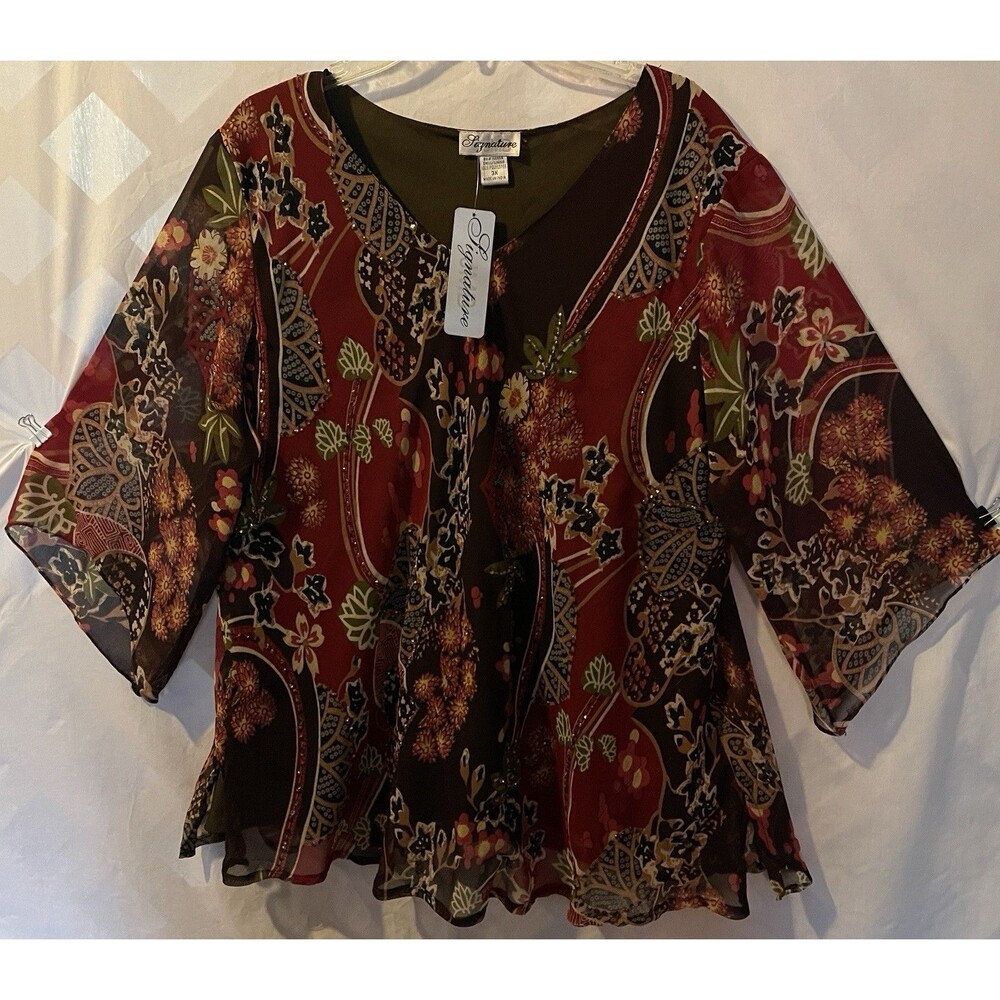 NWT SIGNATURE Red Multi Asian Flowers Sequined Chiffon Blouse Size 3X